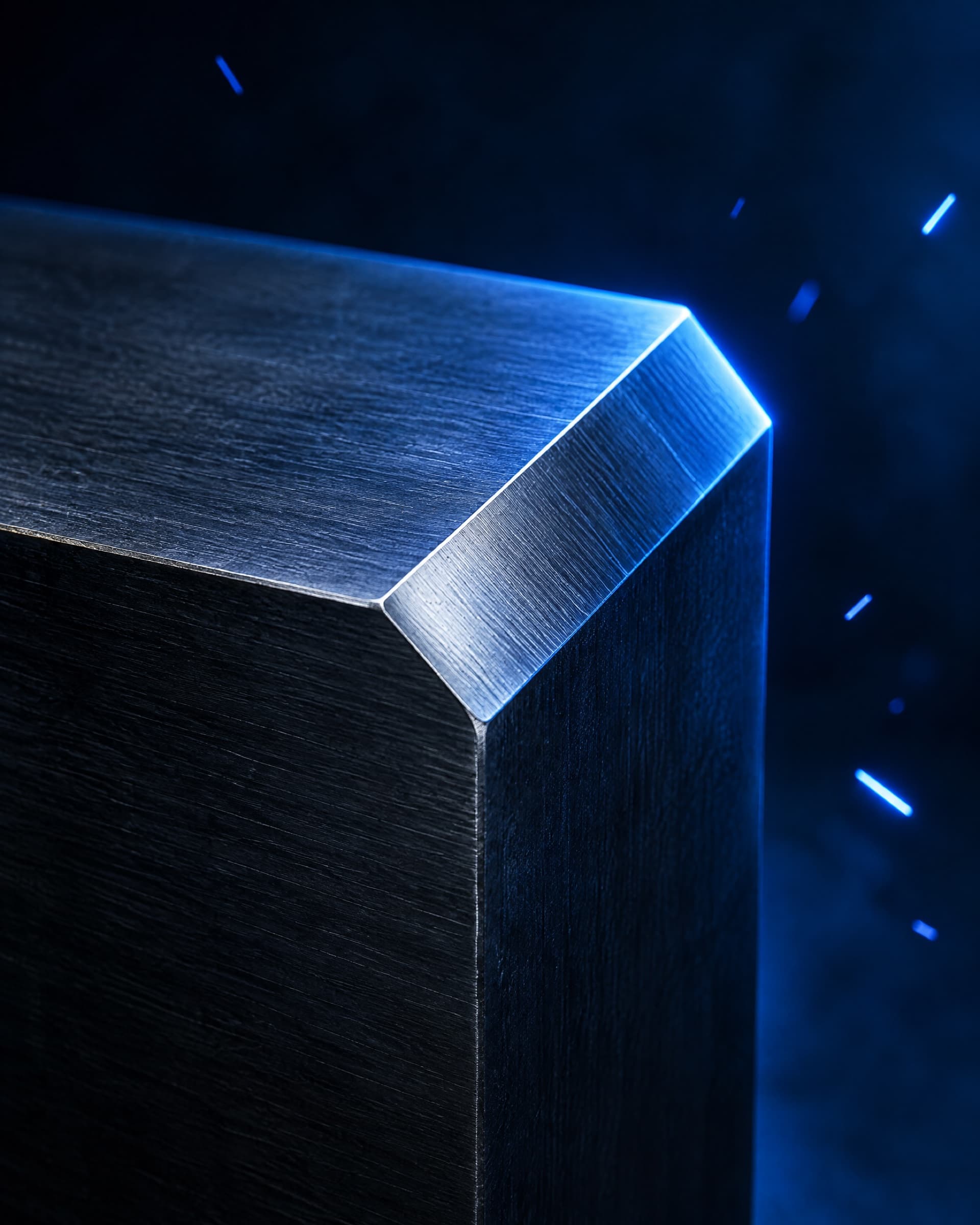 A machined steel block with a 45-degree chamfered edge, lit in blue