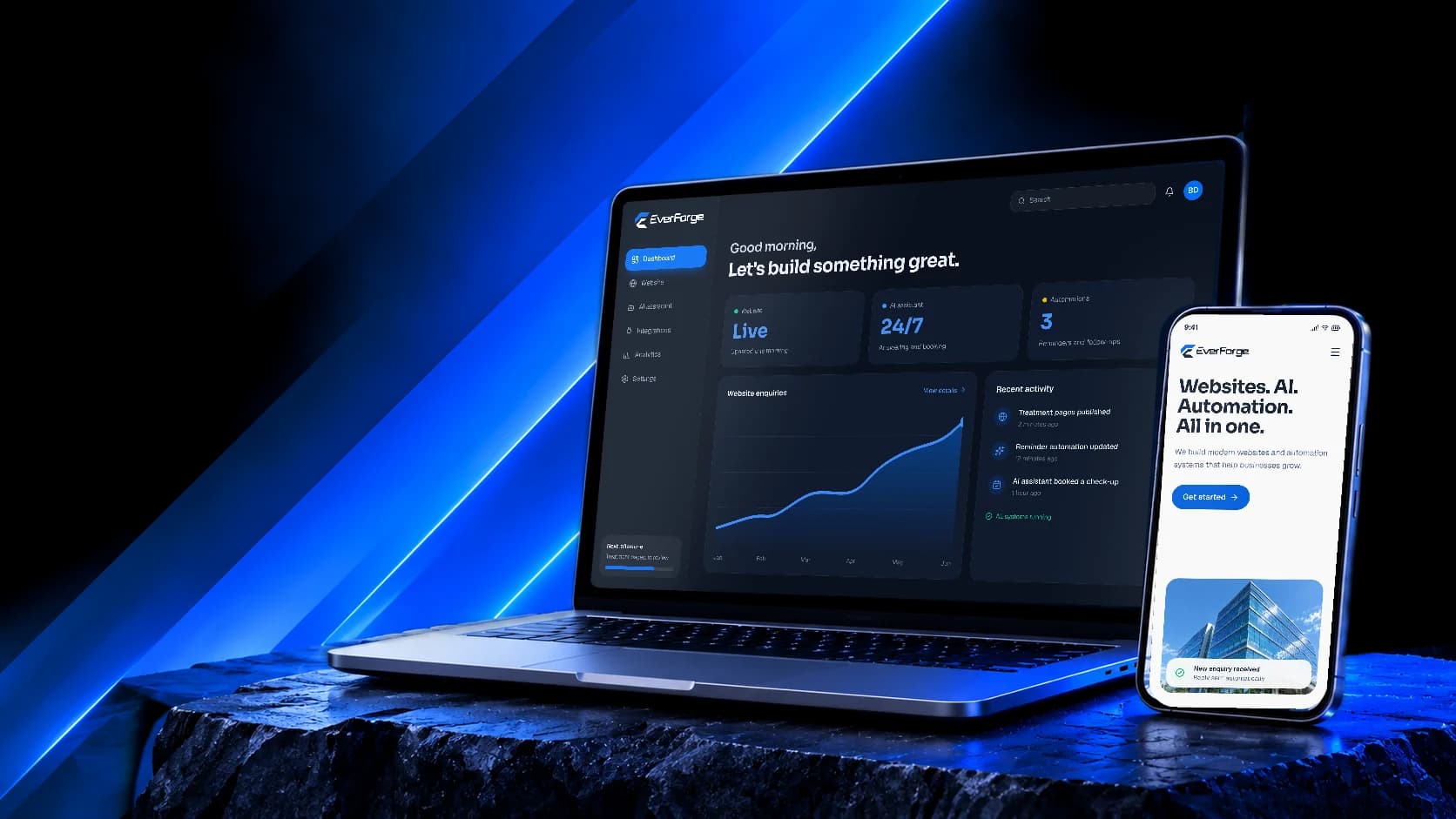 A laptop showing a concept EverForge client dashboard and a phone showing the EverForge homepage, on a stone ledge lit in blue