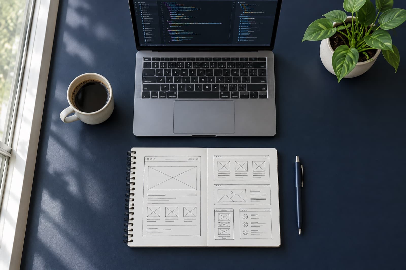 A desk with a laptop and a notebook of website wireframe sketches