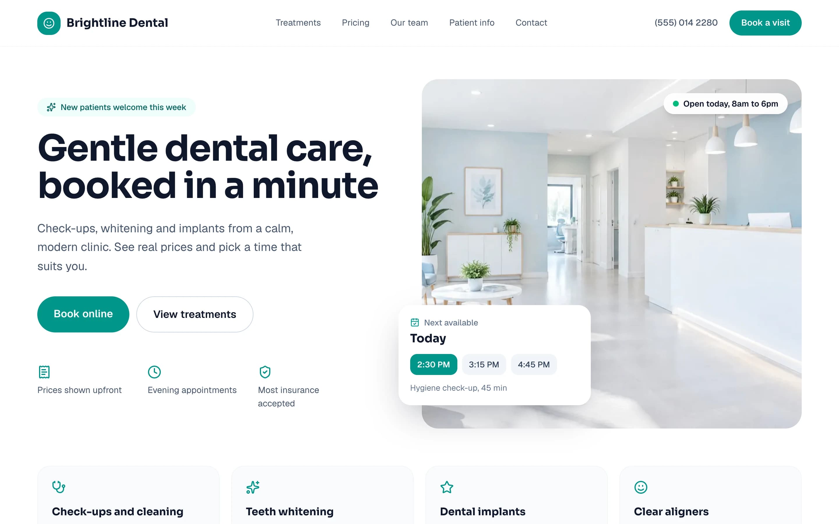 Concept homepage for a dental clinic with online booking and next available times