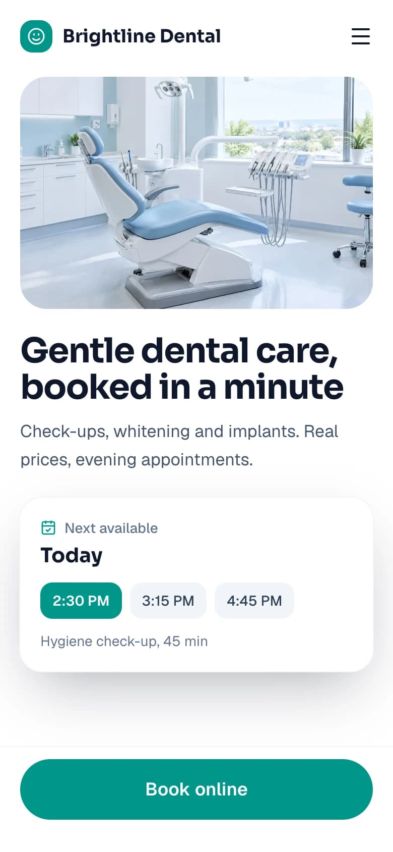 Mobile version of the dental clinic homepage with a booking button