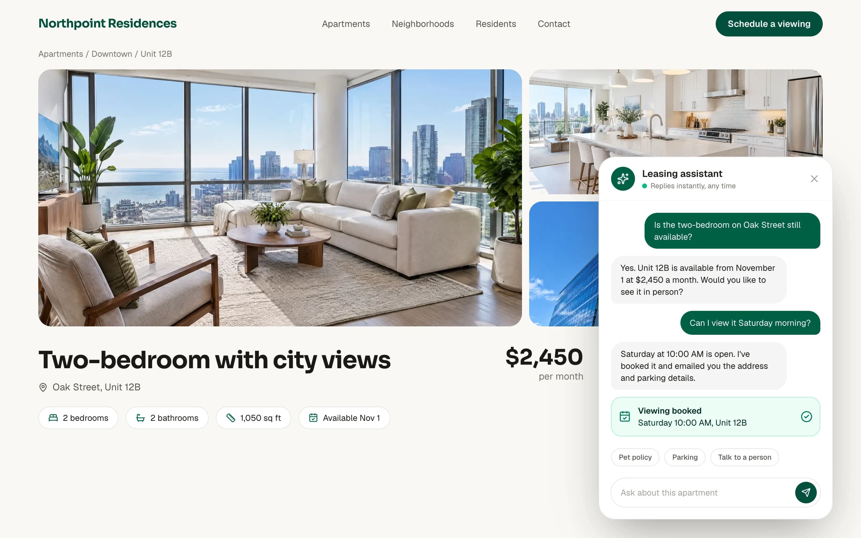 Concept apartment listing page with an AI leasing assistant booking a viewing