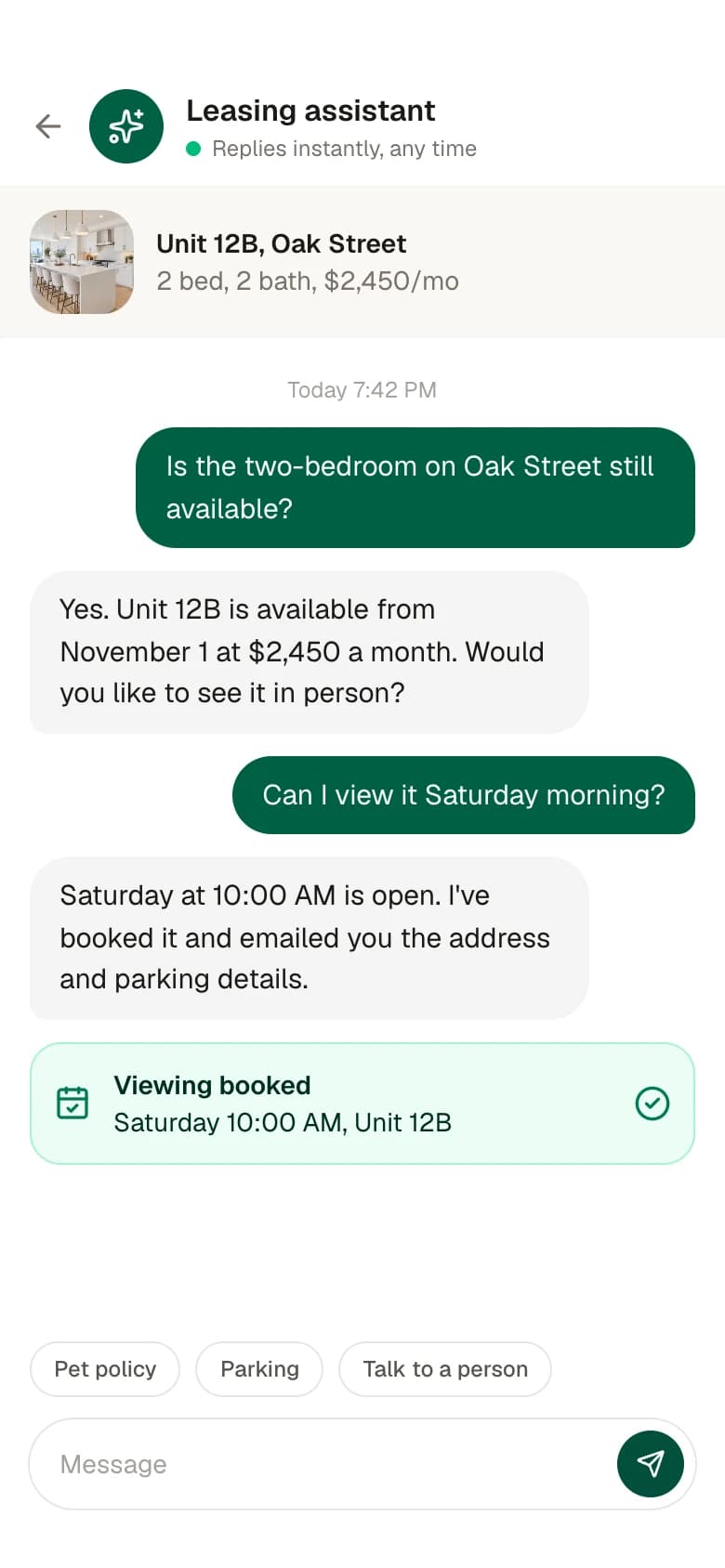 Mobile chat with the AI leasing assistant confirming a viewing