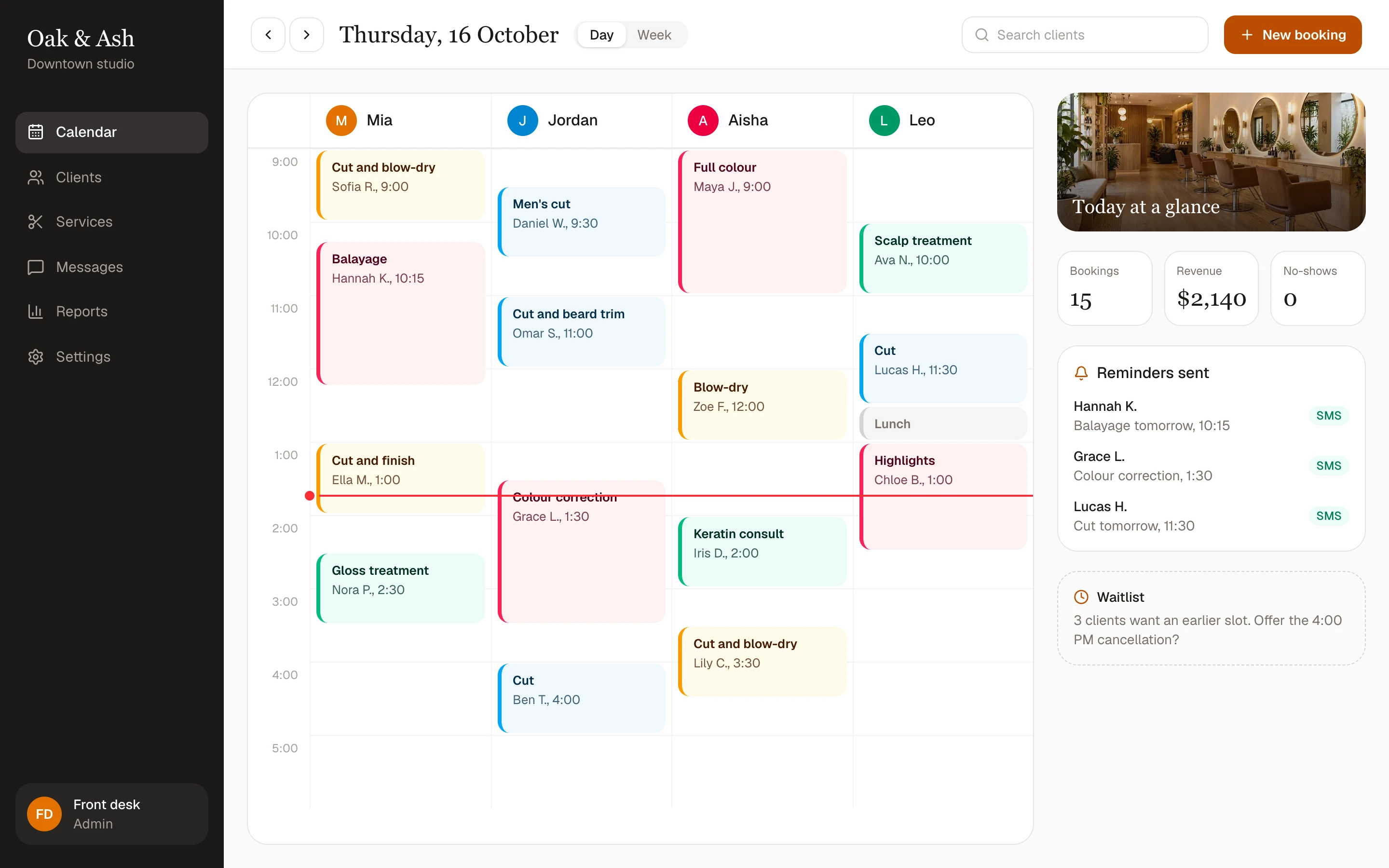 Concept salon booking system showing the day calendar for four stylists