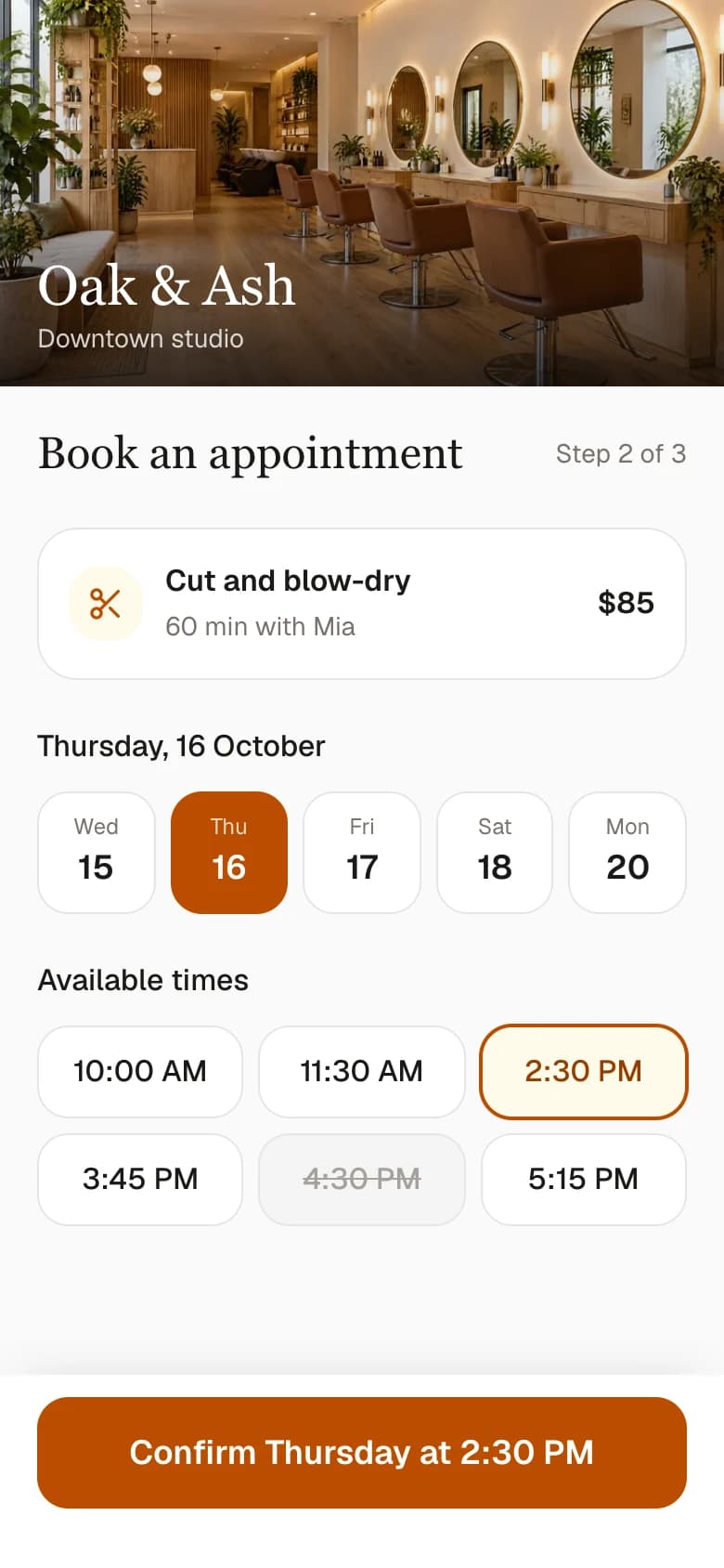 Mobile booking flow where a client picks a date and time
